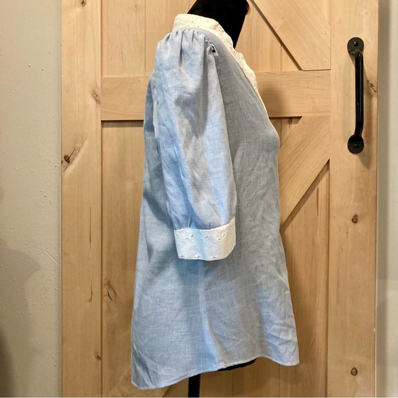 Vintage Blouse Light Blue with White Eyelet Trim and Puffy Shoulders - Picture 7 of 14